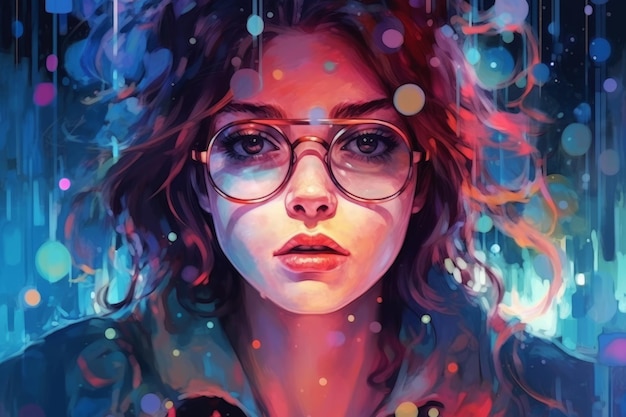 Une peinture d'une femme avec des lunettes