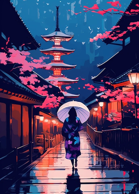 Peinture d'une femme marchant dans une rue avec un parapluie génératif ai
