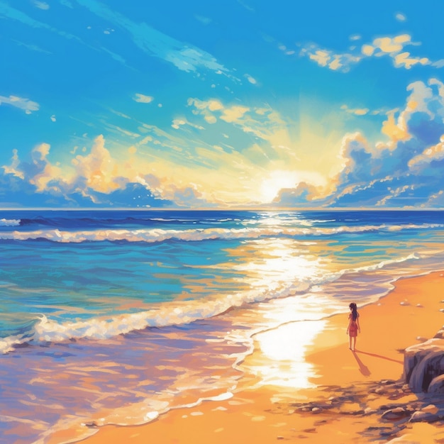 une peinture d'une femme marchant sur une plage avec le soleil qui brille sur l'eau.
