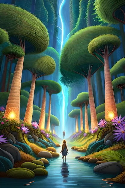 Une peinture d'une femme marchant sur un sentier dans une forêt avec une cascade en arrière-plan