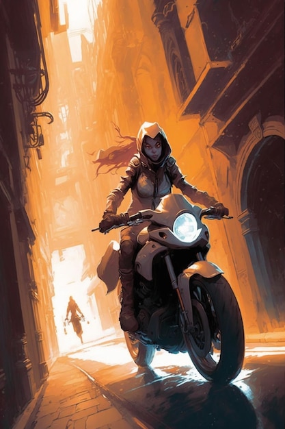 Peinture d'une femme à moto dans la rue de la ville ai générative