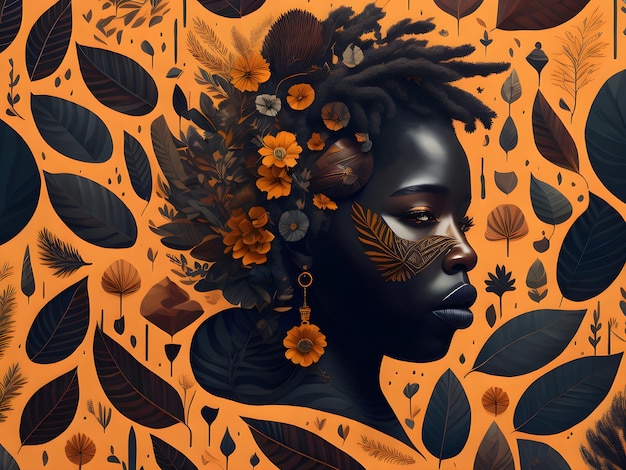 Une peinture d'une femme noire avec des dreadlocks et des fleurs dessus