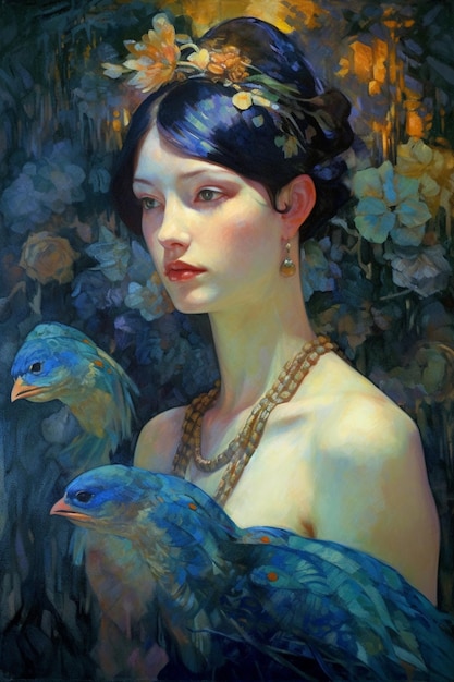 Une peinture d'une femme avec des oiseaux bleus.