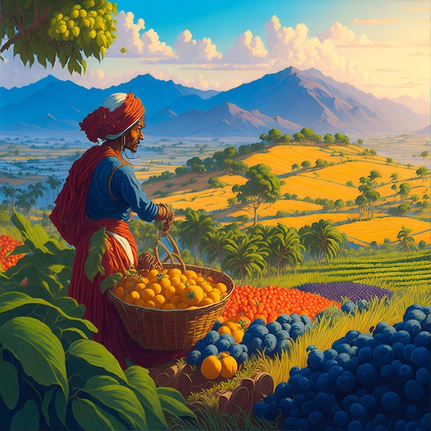 Une peinture d'une femme avec un panier de fruits devant une montagne.