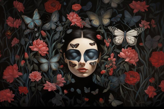 peinture d'une femme avec des papillons et des fleurs sur son visage