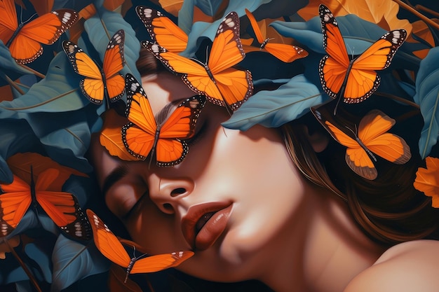 Une peinture d'une femme avec des papillons sur son visage