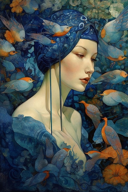 Une peinture d'une femme avec des plumes bleues et un turban bleu.