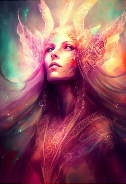 Peinture d'une femme avec des plumes sur la tête Generative Ai