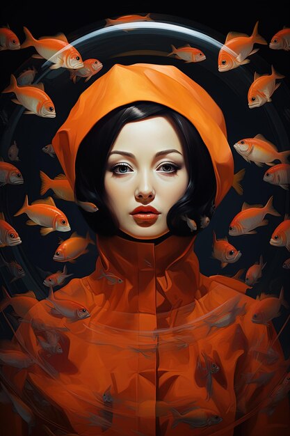 une peinture d'une femme avec des poissons qui nagent dedans