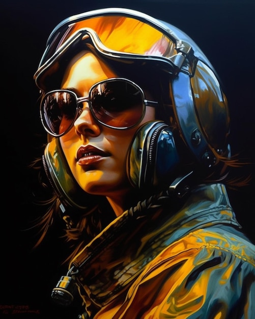 Une peinture d'une femme portant un casque et des lunettes de soleil.