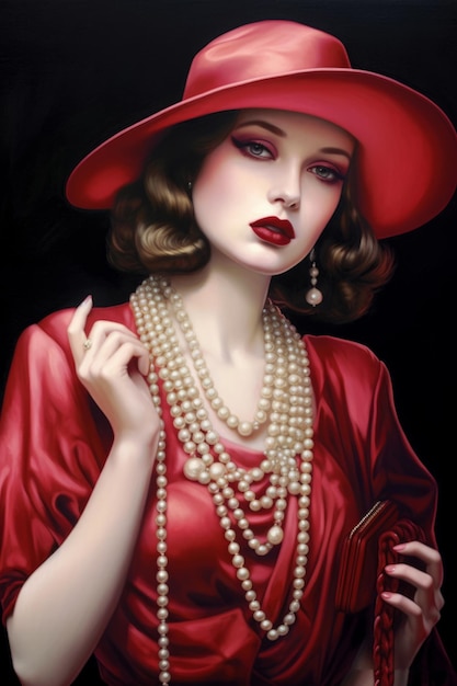 Une peinture d'une femme portant un chapeau rouge et un chapeau rouge.