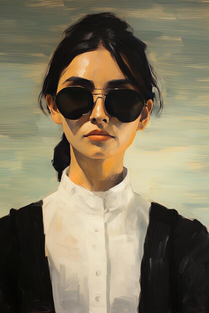 une peinture d'une femme portant des lunettes de soleil et une chemise avec une veste noire