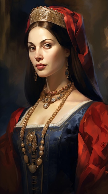 une peinture d'une femme portant une robe rouge et bleue