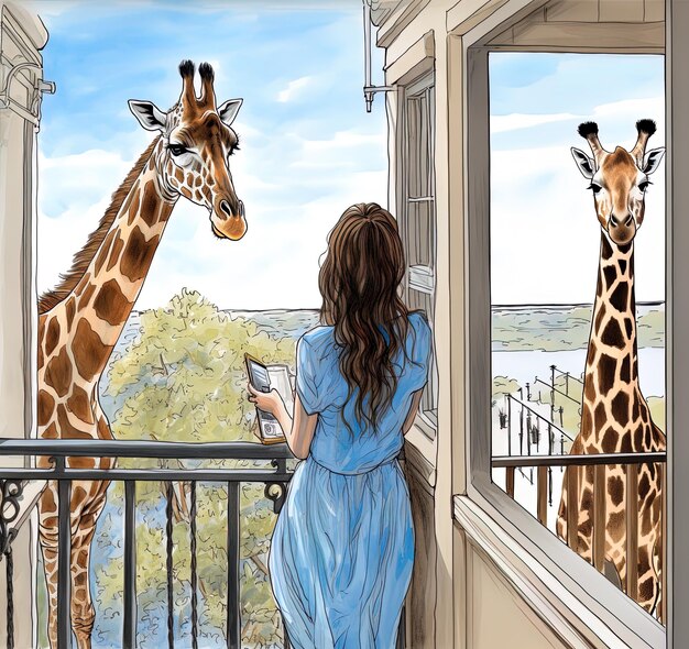 Photo une peinture d'une femme regardant une girafe d'un balcon