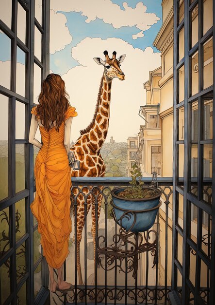 Photo une peinture d'une femme regardant par une fenêtre avec une girafe en arrière-plan