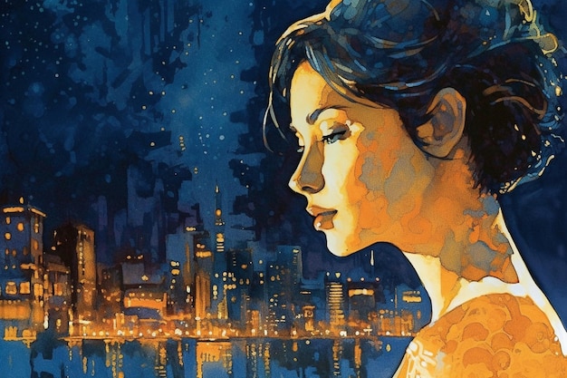 Une peinture d'une femme regardant la ville la nuit