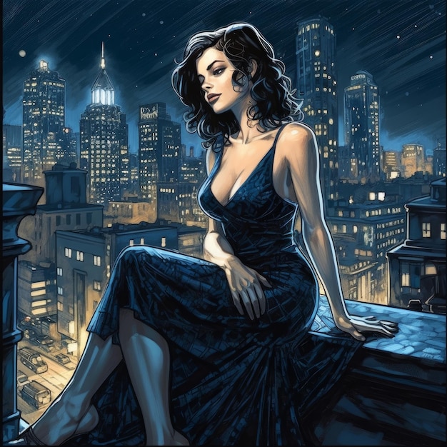 Une peinture d'une femme en robe assise sur un toit.