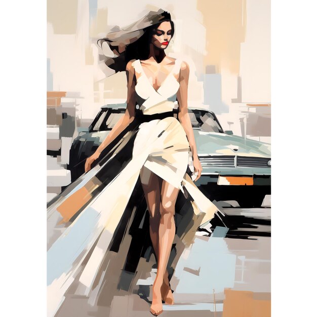 Une peinture d'une femme en robe blanche et une voiture noire