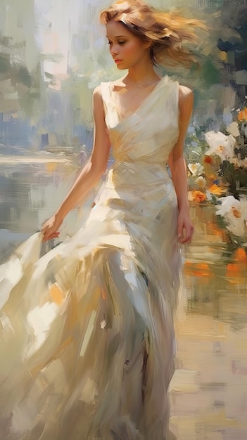 Une peinture d'une femme en robe blanche
