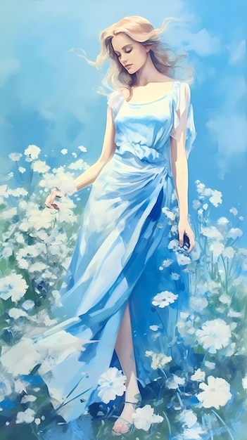 Une peinture d'une femme en robe bleue marchant dans un champ de fleurs.