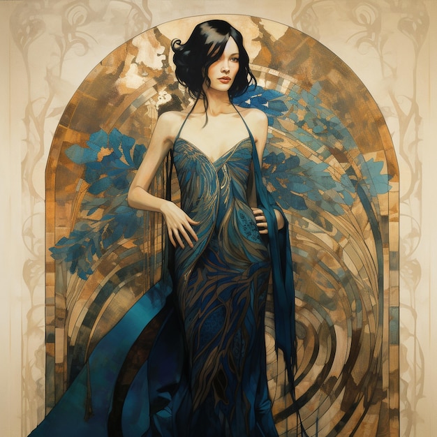 une peinture d'une femme en robe bleue avec une robe bleue.