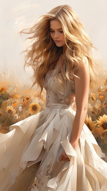 Peinture d'une femme en robe dans un champ de tournesols