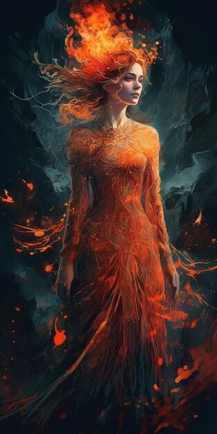 peinture d'une femme avec une robe de feu et un oiseau dans ses cheveux generative ai