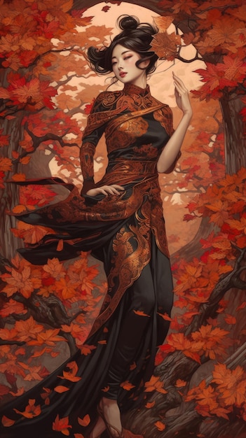 Une peinture d'une femme en robe rouge aux couleurs de l'automne