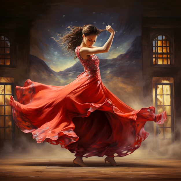 Peinture d'une femme en robe rouge dansant dans une pièce IA générative