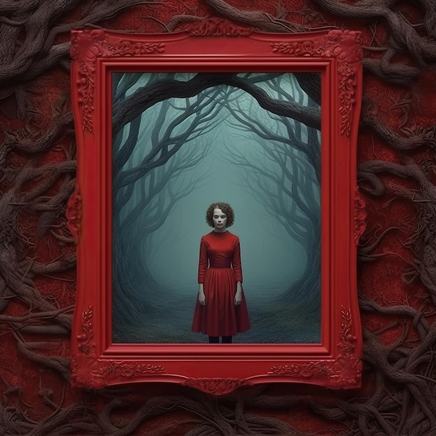 Une peinture d'une femme en robe rouge est sur un mur rouge.