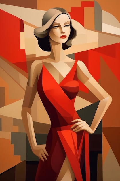 Une peinture d'une femme en robe rouge