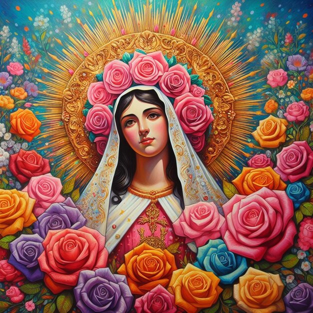 Photo une peinture d'une femme avec des roses et le mot vierge