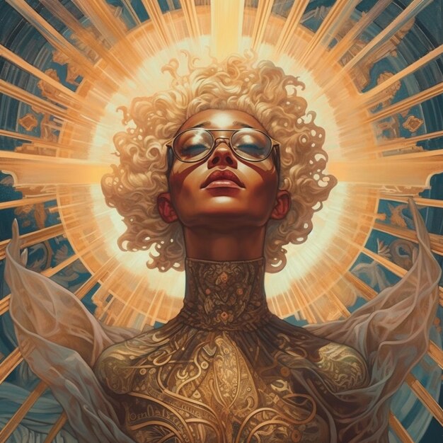 une peinture d'une femme avec un soleil dans les cheveux ai générative