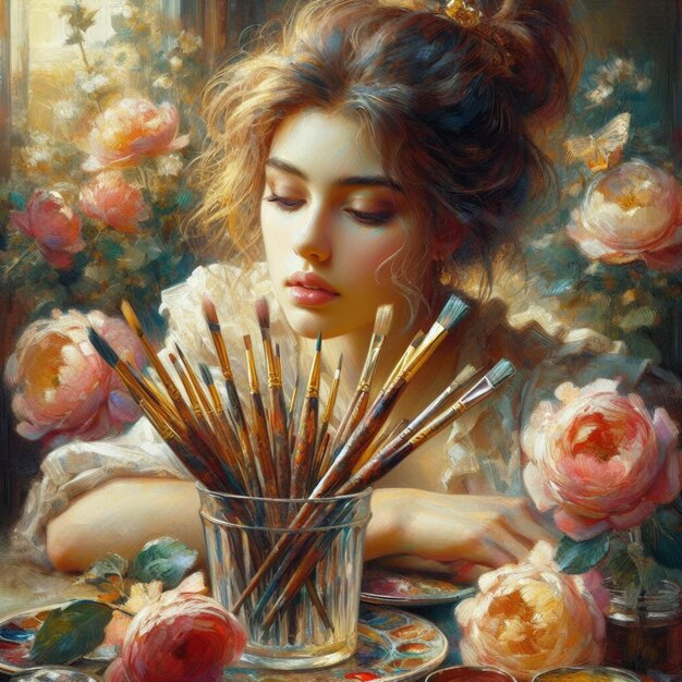 une peinture d'une femme avec une tasse de thé et des baguettes