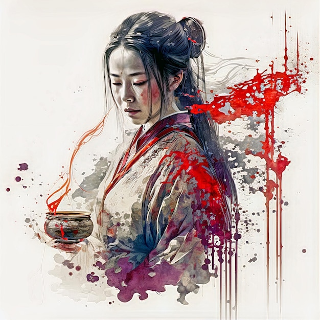 Une peinture d'une femme avec une tasse de thé à la main.