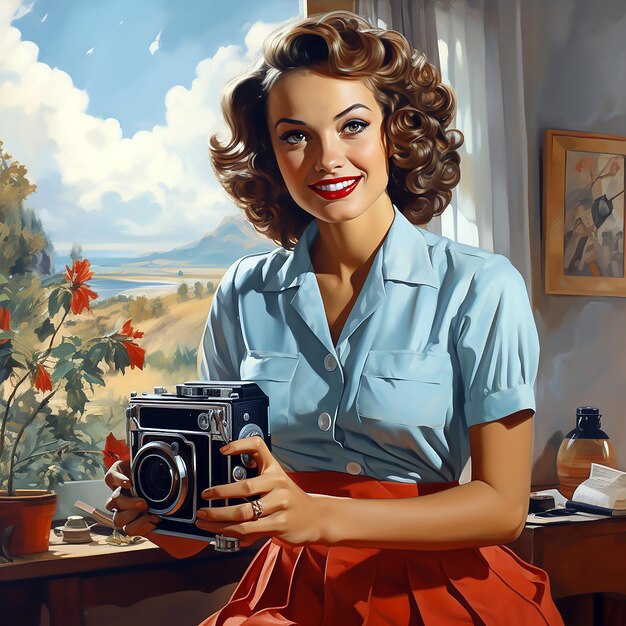 Une peinture d'une femme tenant un appareil photo avec une photo d'une vue sur la montagne.