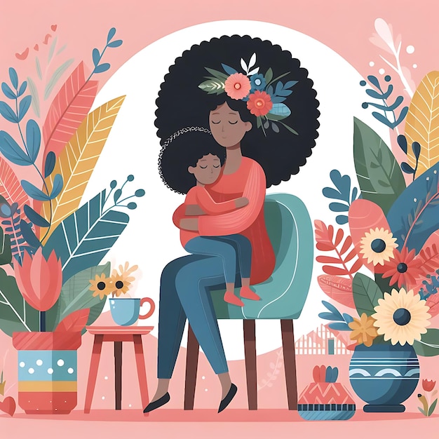 une peinture d'une femme tenant un bébé dans une pièce avec des fleurs et un pot avec un bébé