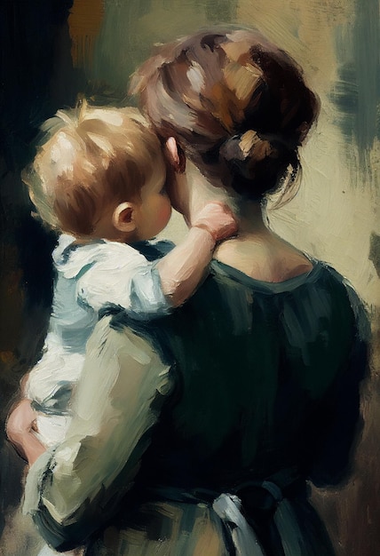 Une peinture d'une femme tenant un bébé