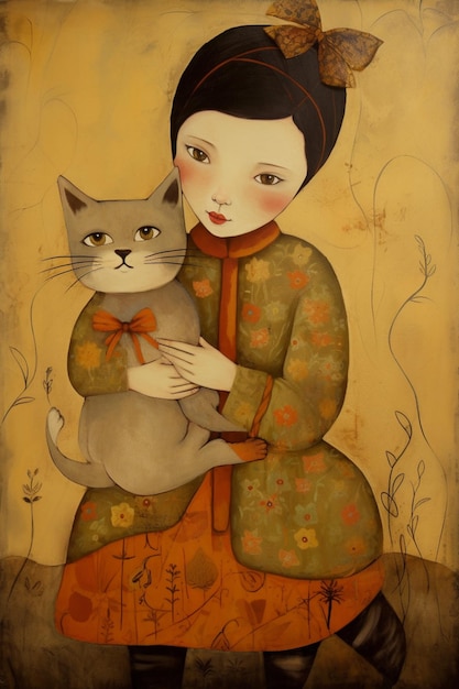 Une peinture d'une femme tenant un chat