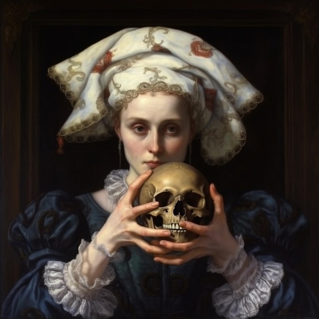 Photo une peinture d'une femme tenant un crâne.