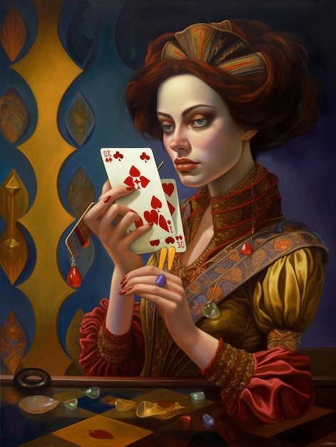 Une peinture d'une femme tenant un jeu de cartes.