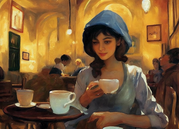 Une peinture d'une femme tenant une tasse de café