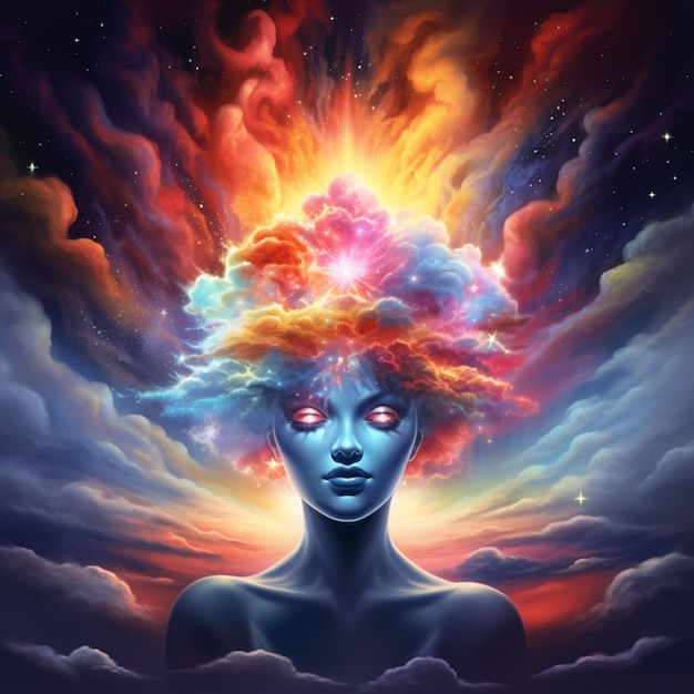 Peinture d'une femme avec une tête de nuage et une lumière brillante sortant de ses yeux
