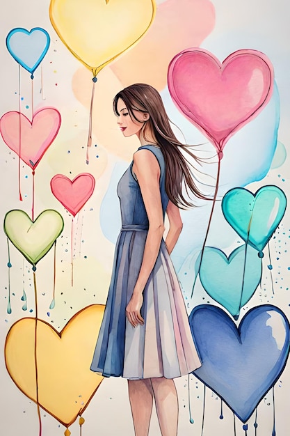 Une peinture d'une femme vêtue d'une robe bleue et d'un arc-en-ciel de ballons.