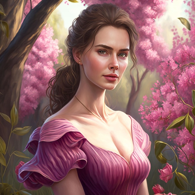 Une peinture d'une femme vêtue d'une robe rose avec une chemise rose et un collier rose.