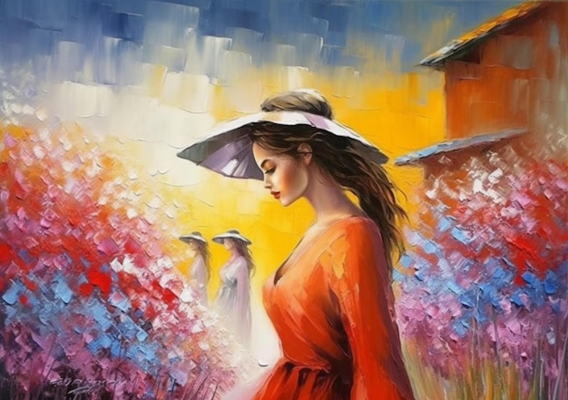 peinture d'une femme vêtue d'une robe rouge et d'un chapeau avec un oiseau ai génératif