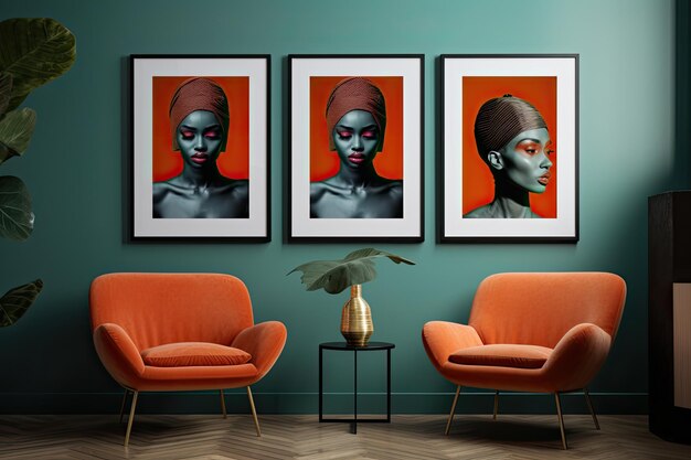 une peinture d'une femme avec un visage noir et une chaise orange devant un mur avec des peintures encadrées