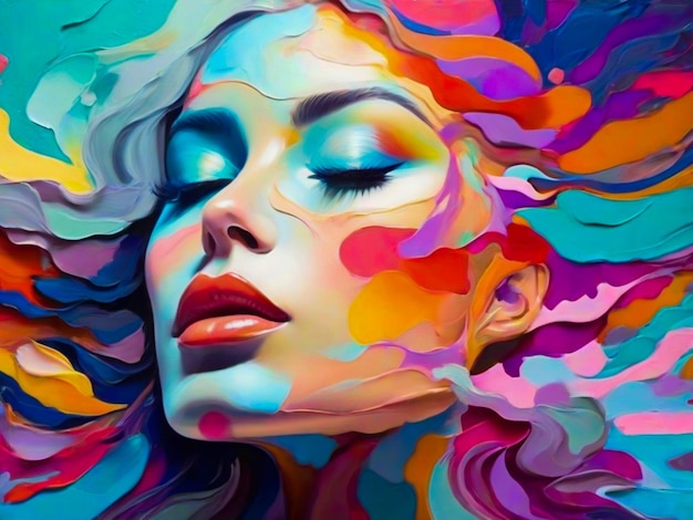Peinture d'une femme avec les yeux fermés faite de tourbillons colorés fond d'art abstrait