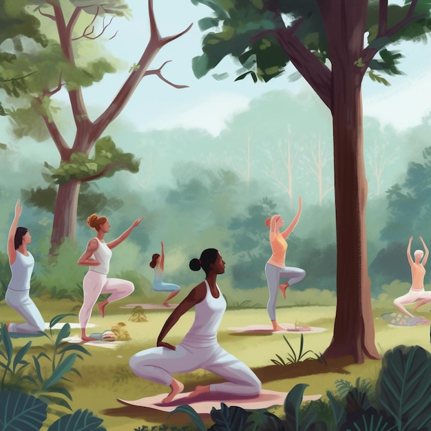 Une peinture de femmes faisant du yoga dans un parc