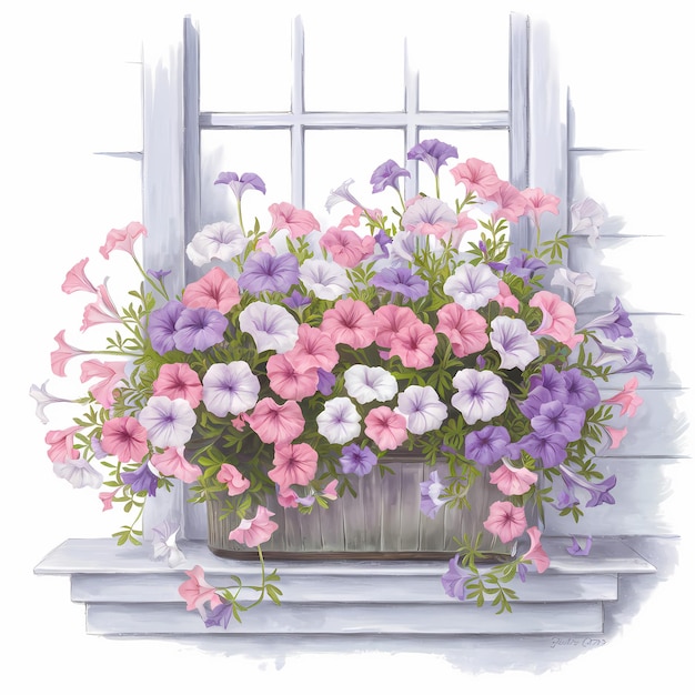 une peinture d'une fenêtre avec un pot de fleurs dedans